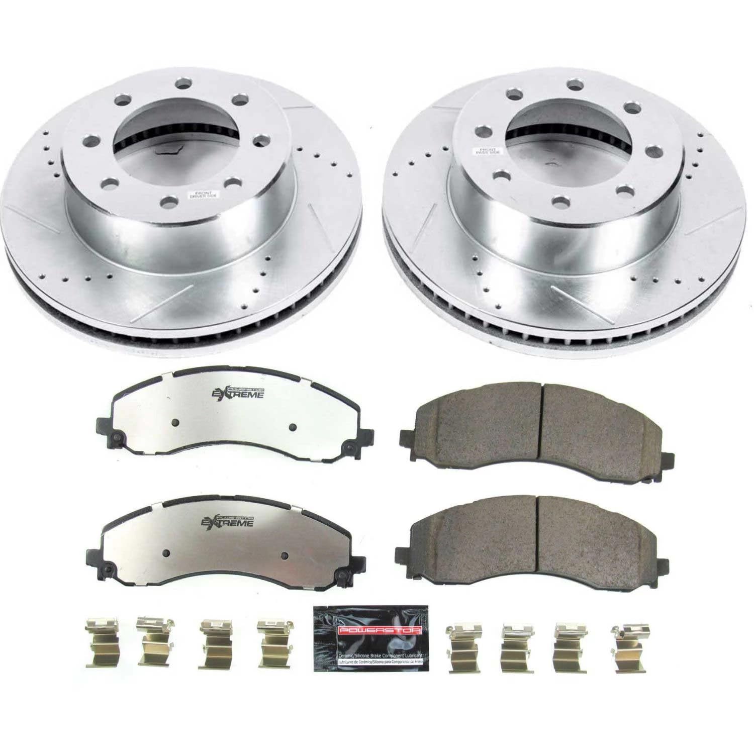 Power Stop Brake Kit Front For 2019 2020 2021 2022 2023 2024 Ram 2500 - Truck & Tow Carbon Fiber Ceramic Brake Pads & Drilled and Slotted Rotors Replacement, K8478-36