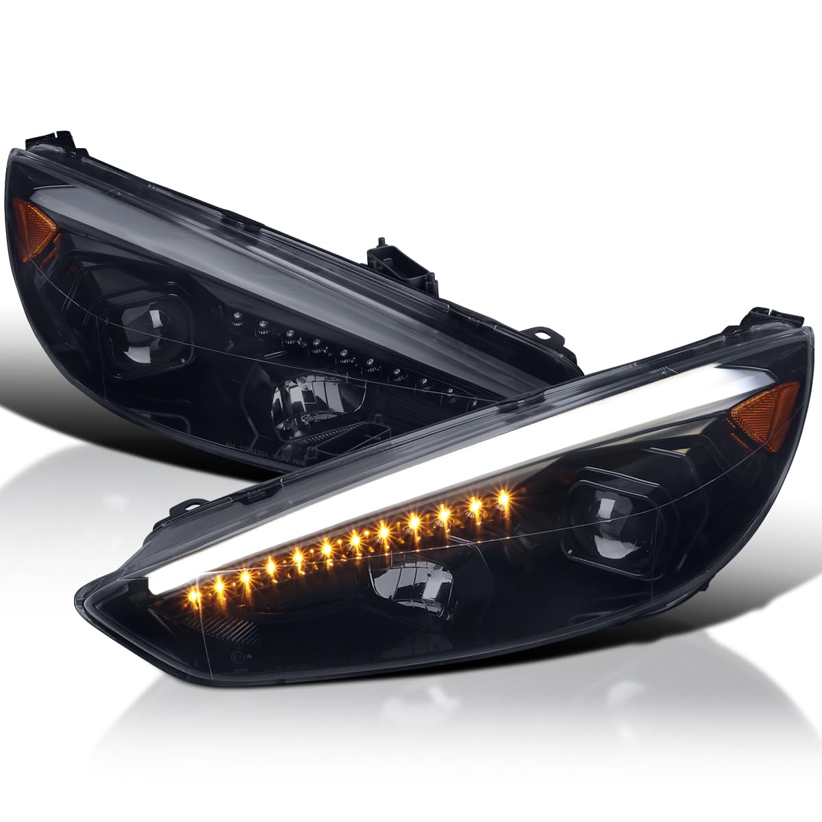 Glossy Black Smoke SPEC-D TUNING Projector Headlights w/Sequential LED Signal Tube Compatible with 2015-2018 Ford Focus, Left + Right Pair Headlamps Assembly