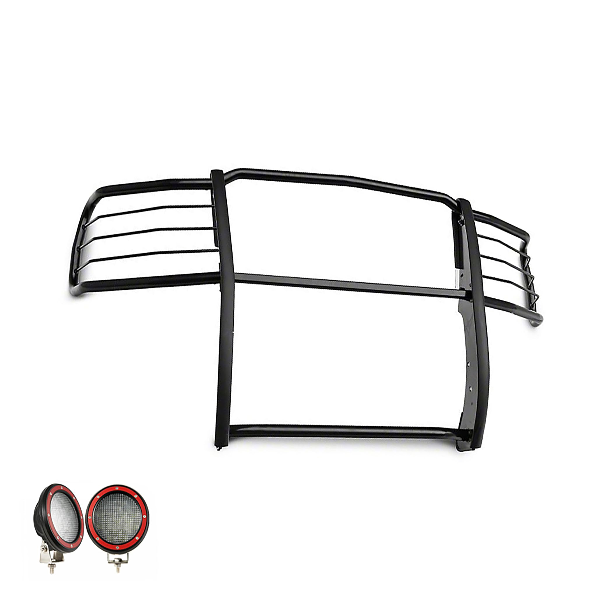 Bumper Guard Black Horse Grille Brush Modular Black Come with Pair of 5.3" Dia.LED Lights with Red Trim Rings Compatible with 2014-2018 Chevrolet Silverado 1500-17GT27MA-PLFR