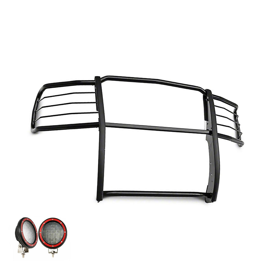 Bumper Guard Black Horse Grille Brush Modular Black Come with Pair of 5.3" Dia.LED Lights with Red Trim Rings Compatible with 2014-2018 Chevrolet Silverado 1500-17GT27MA-PLFR