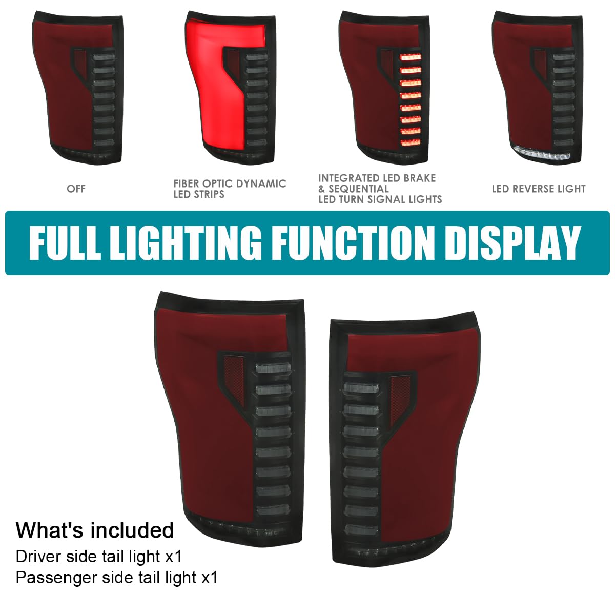 Black Smoke SPEC-D TUNING Lightning Style LED Tail Lights w/Red LED Sequential Turn Signal and Startup Animation Compatible with 2015-2017 Ford F150, Left + Right Pair Assembly