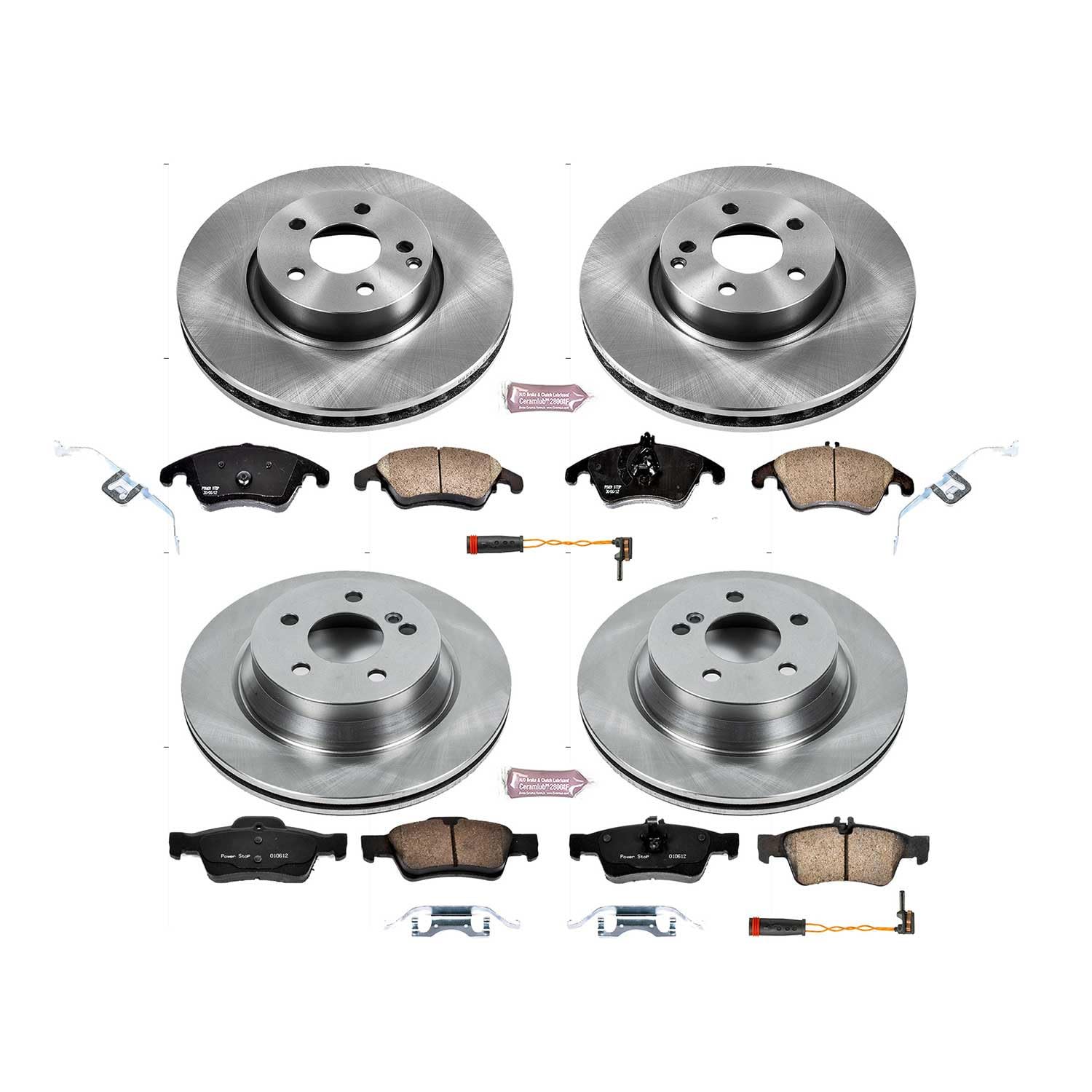 Power Stop KOE7616 Front and Rear Replacement Brake Kit-OE Brake Rotors & Ceramic Brake Pads and 1 Front & 1 Rear Sensor Wires For Mercedes E350, Mercedes E400 [Model Specific]