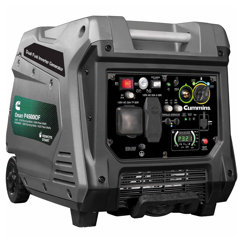 Onan Cummins P4500iDF Dual Fuel Inverter Generator – 4500W Gas/4050W Propane, Remote Start, Ultra-Quiet 52 dBA, RV Ready, LED Display, 15-Hr Run Time