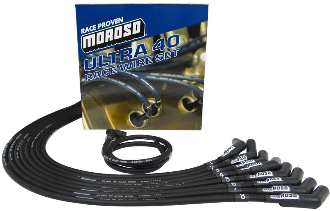 Moroso Ultra 40 73729 Black Spark Plug Wire Set, Fits Big Block Chevy w/Under Header Routing, HEI Distributor Ends and 135 Degree Plug Ends