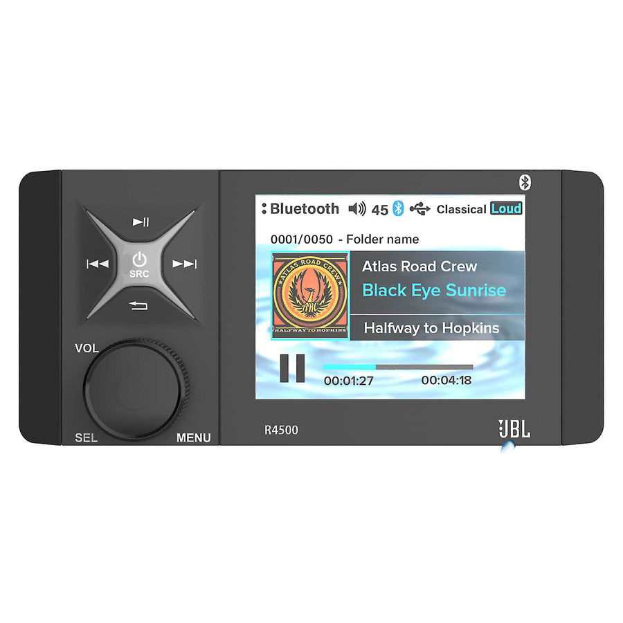 JBL Wake Series R4500 Source Unit - 4" Color Screen Receiver with Bluetooth (5.0), AM/FM/WB, USB Input/Charging/Aux Input/Video Input, Rotary Encoder, 3 Zone Line Level Differential Outputs