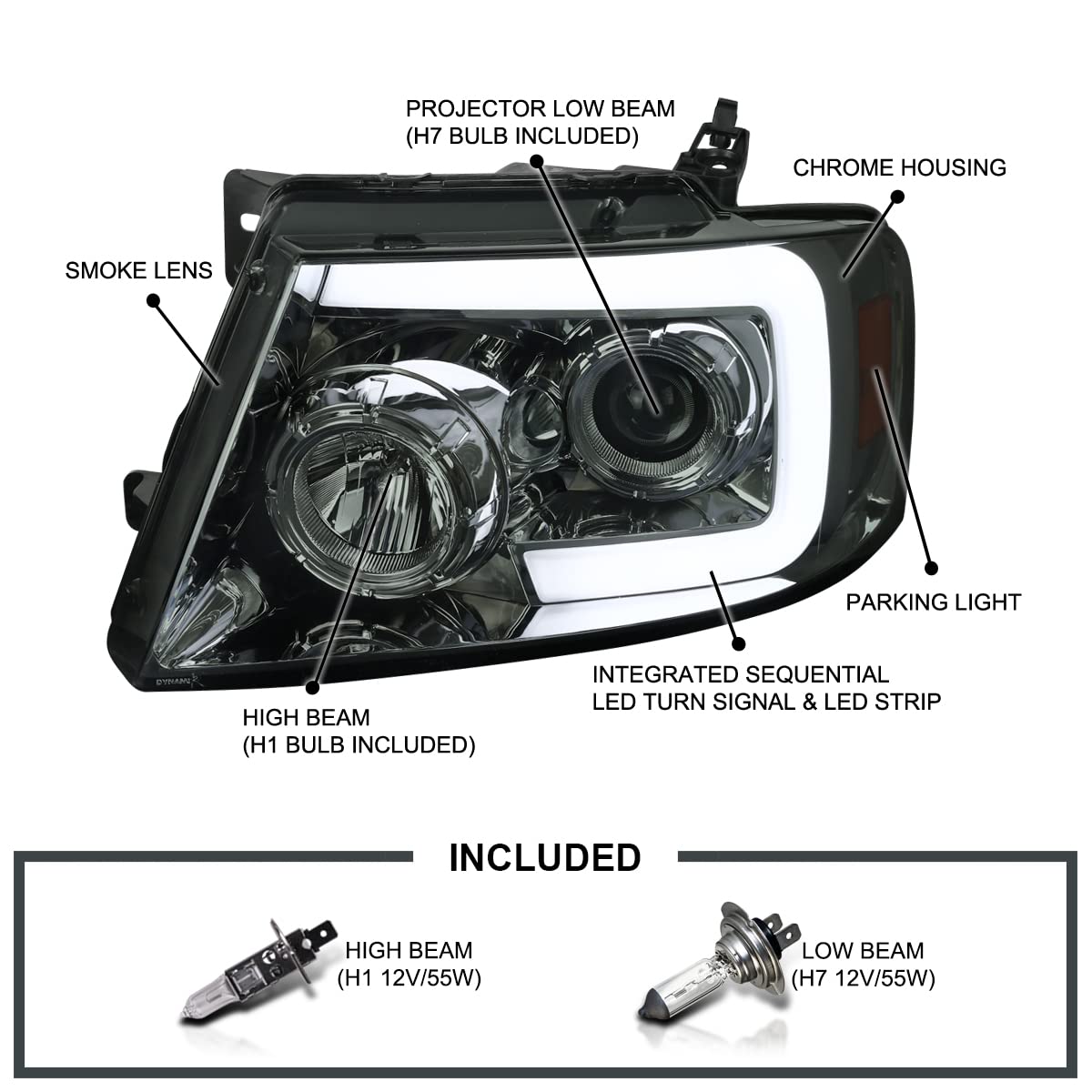 Smoke SPEC-D TUNING Projector Headlights w/Switchback Sequential Signal LED Tube Compatible with 2004-2008 Ford F150 2006-2008 Lincoln Mark LT, Left + Right Pair Headlamps Assembly