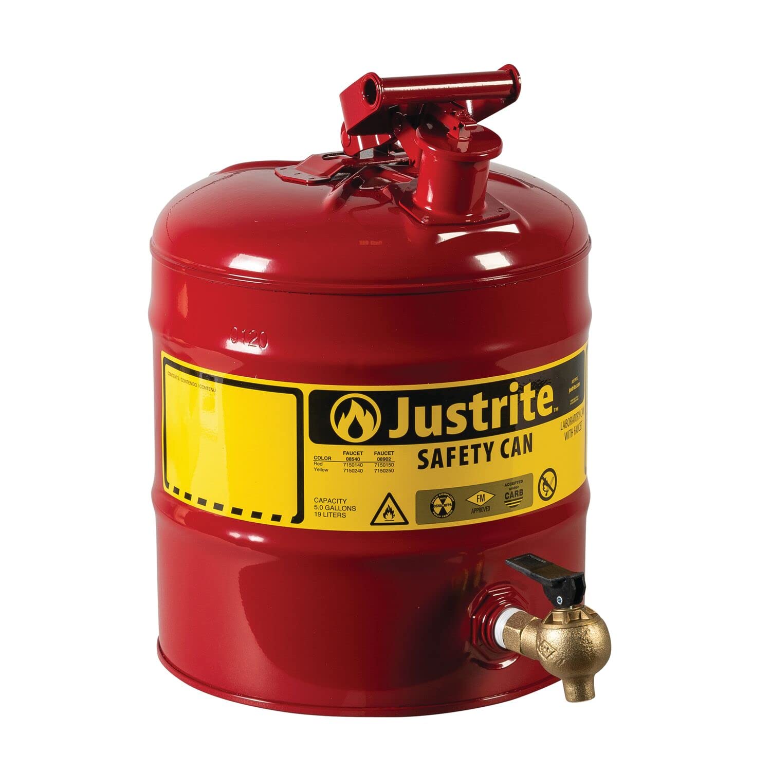 Laboratory Shelf Safety Can Justrite 7150140 Type I Galvanized Steel with Brass Control Flow Lab Safety Bottom Faucet, 5 Gallon Capacity, Red