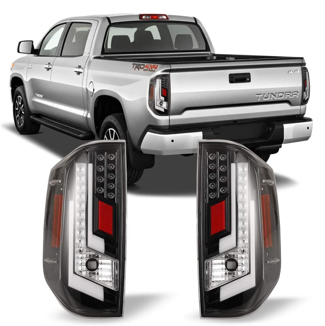 Off Road Series Winjet LED Taillights Assembly for [2014 2015 2016 2017 2018 2019 2020 Toyota Tundra] DRL LED Tail lights Rear Light Brake Lights Tail Lamps 1 Pair Glossy Black/Clear