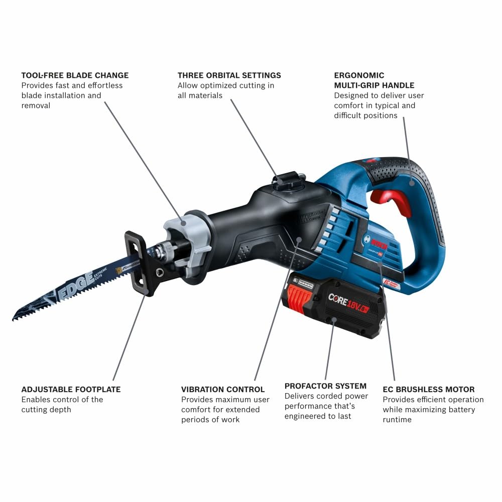 GSA18V-125K14A BOSCH 18V EC Brushless 1-1/4 In.-Stroke Multi-Grip Reciprocating Saw Kit with (1) CORE18V® 8 Ah High Power Battery