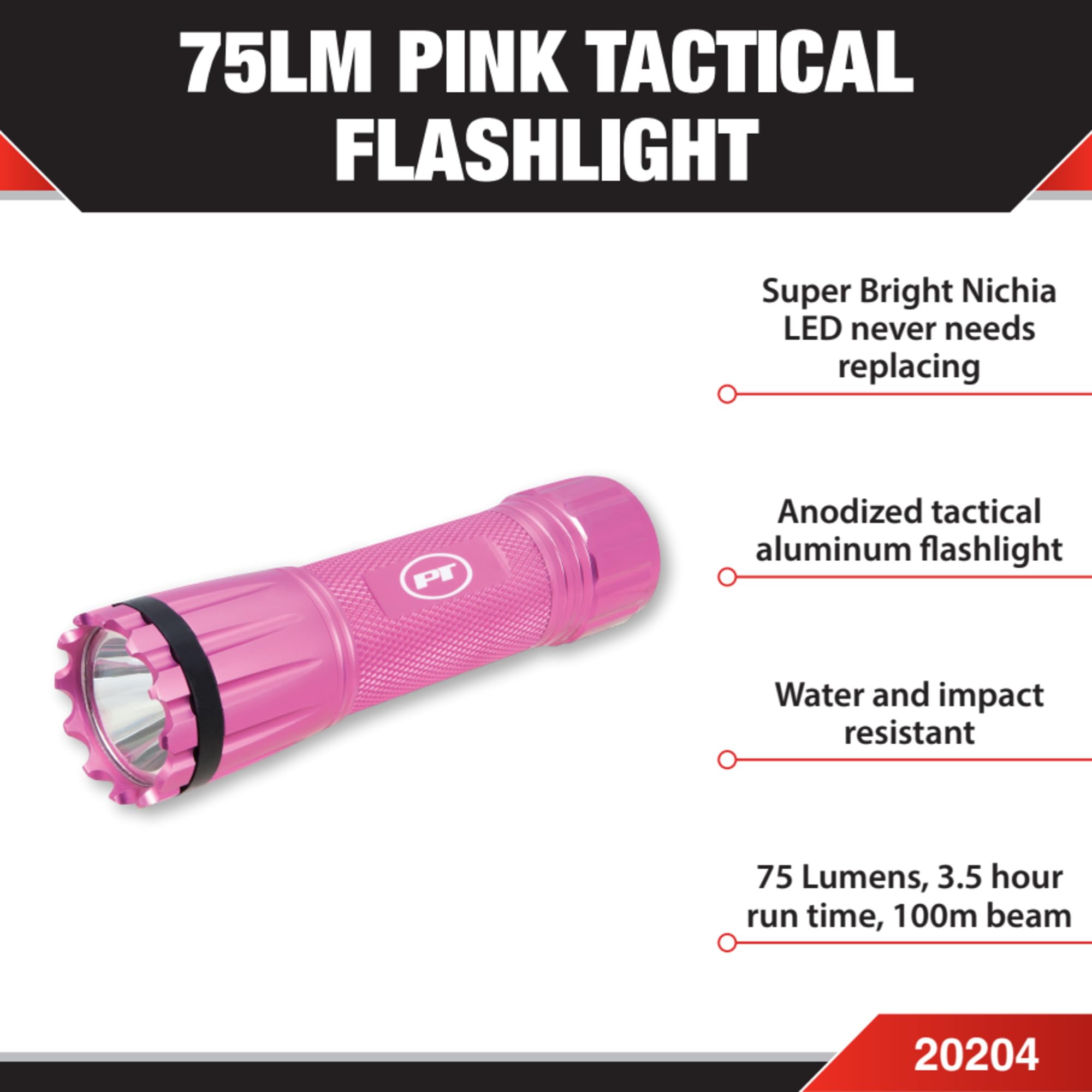 Nichia LED Tactical Flashlight Performance Tool 20204 Super Bright with Water and Impact Resistance, 75 Lumens and 100m Beam Distance