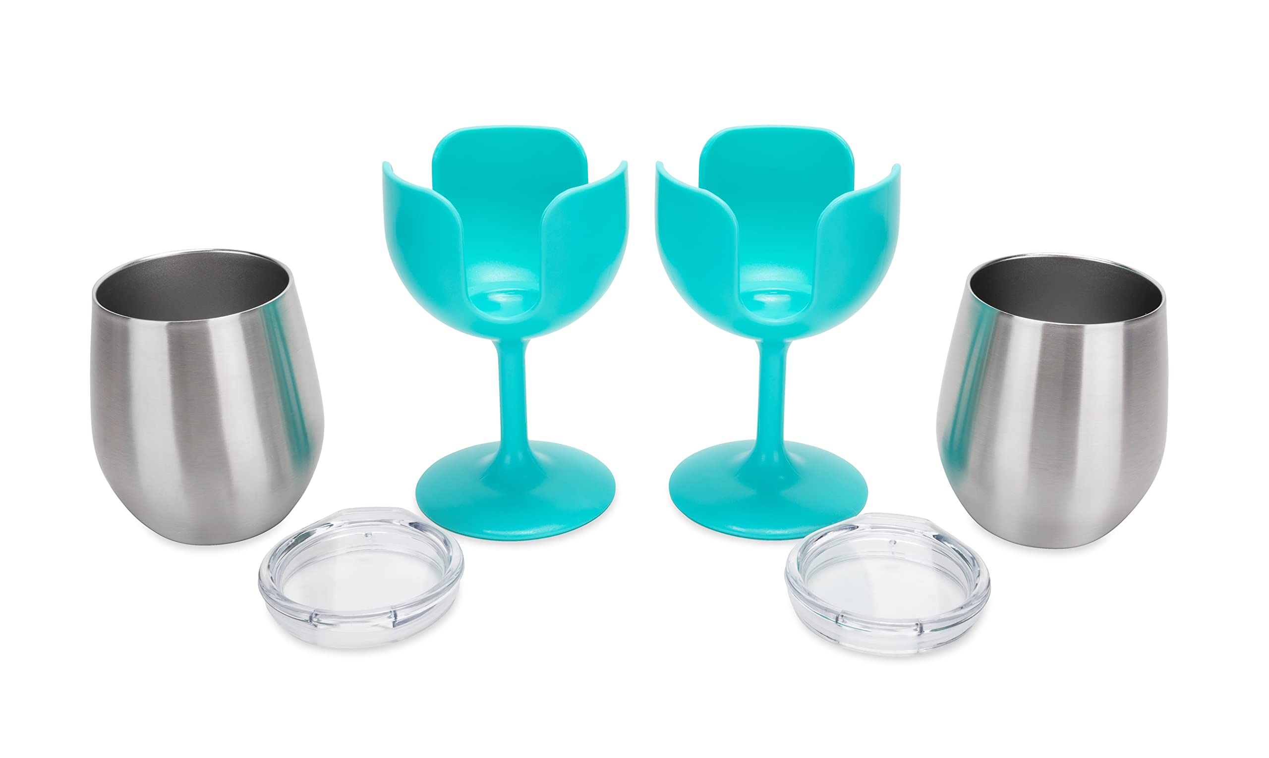 Camco Stainless Steel Wine Tumbler Life is Better at The Campsite 2-Pack - Features Heavy Duty Double Wall Vacuum Insulation & Removable Navy, Red, Green & Yellow Stems - Holds 8-oz Each - Blue(53484)