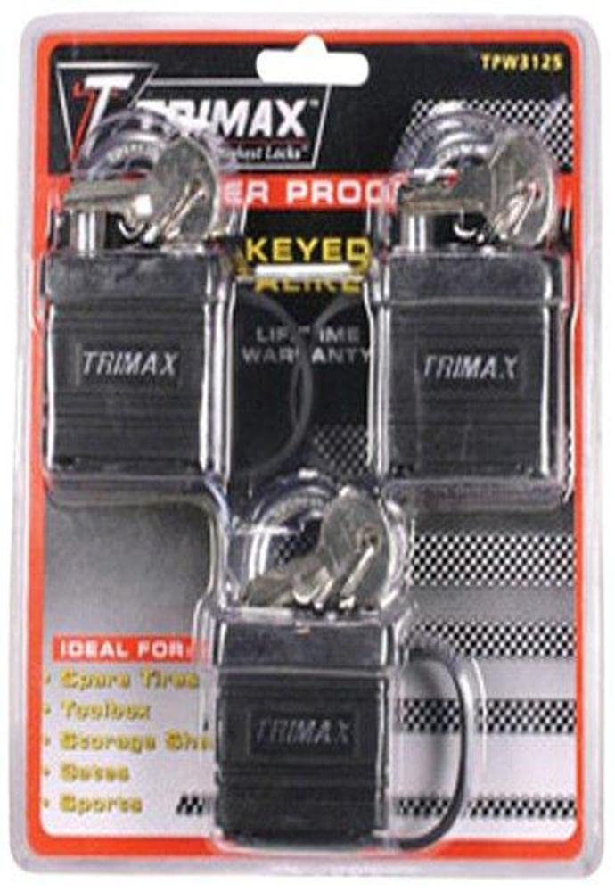 Trimax 3 Pack of Keyed Alike Weather Proof Padlocks TPW1125, Blister Packaging TPW3125