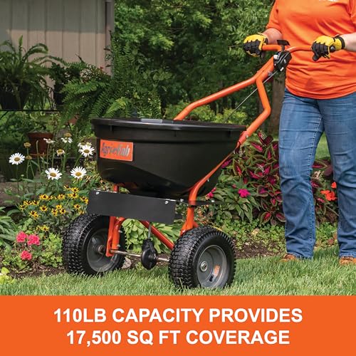 Agri-Fab 110lb Capacity Push Lawn Broadcast Spreader, 45-0576 Approximately Coverage of 1/3rd Acre (17,500 sq. ft.), 10-Ft Spread Width, Enclosed Gear Box, 12-Inch x 4-Inch Pneumatic Tires