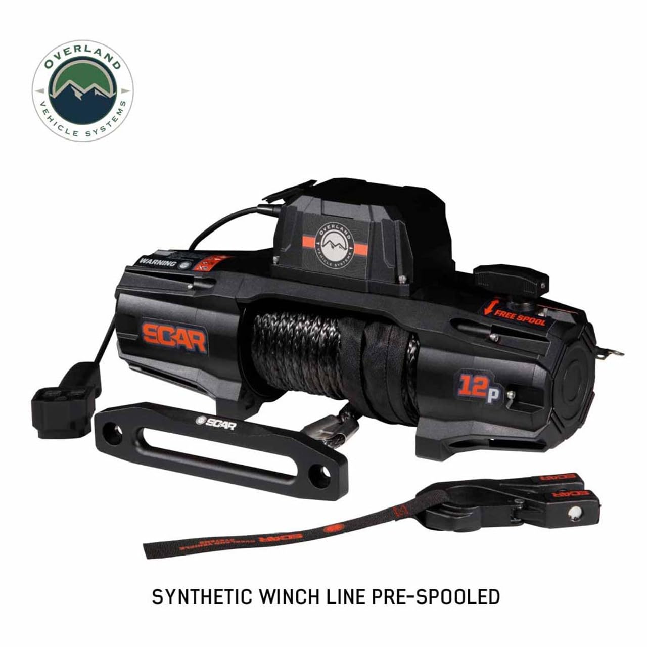 Scar Off Road Overland Vehicle Systems 19129901 12V Electric Winch with Synthetic Rope & Wireless Remote - 12,000 lb Pulling Capacity - Waterproof IP68 Rated - Perfect for Off-Road Recovery