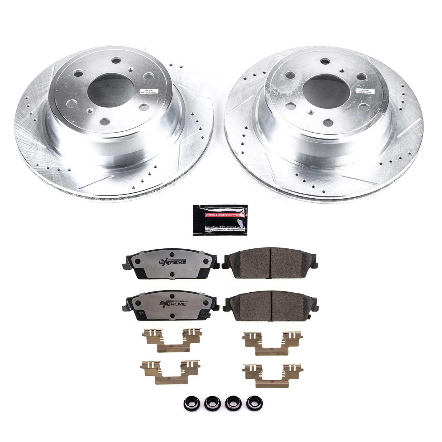 Rear Brake Kit Power Stop For 2007 2008 2009 2010 2011 2012 2013 2014 Cadillac Escalade - Truck & Tow Carbon Fiber Ceramic Brake Pads & Drilled and Slotted Rotors Replacement, K2083-36