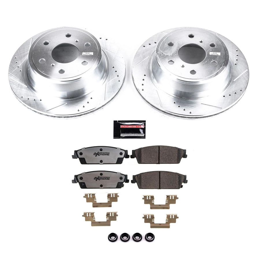 Rear Brake Kit Power Stop For 2007 2008 2009 2010 2011 2012 2013 2014 Cadillac Escalade - Truck & Tow Carbon Fiber Ceramic Brake Pads & Drilled and Slotted Rotors Replacement, K2083-36