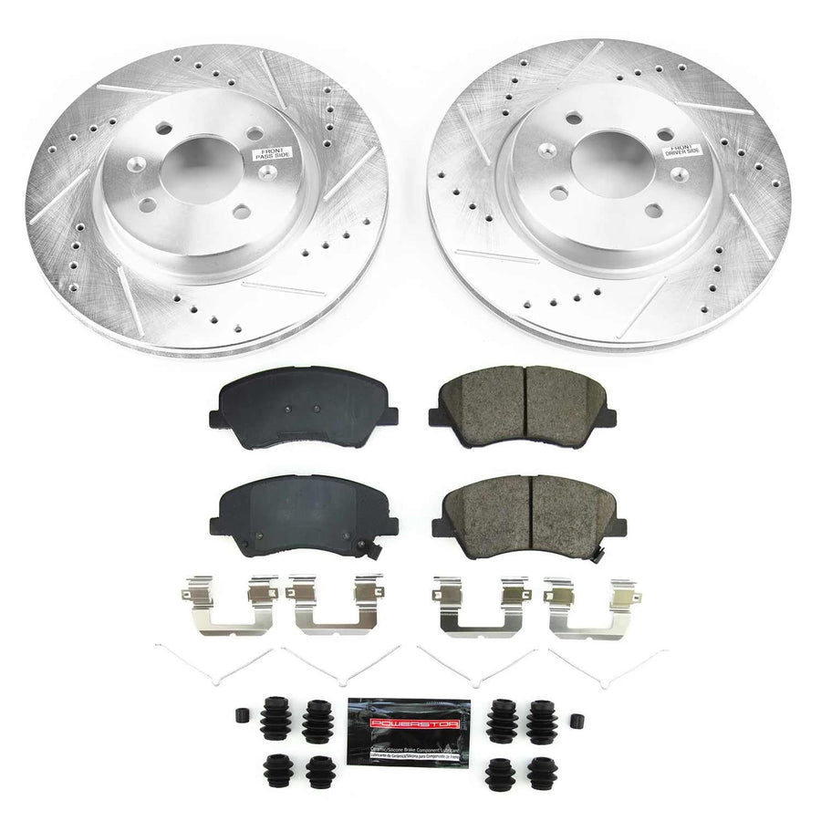 Power Stop K8699 Z23 Daily Driver Carbon-Fiber Ceramic Brake Pads and Drilled and Slotted Rotors Kit For Hyundai Accent 2018-2022, Kia Rio 2018-2022 [Model Specific]