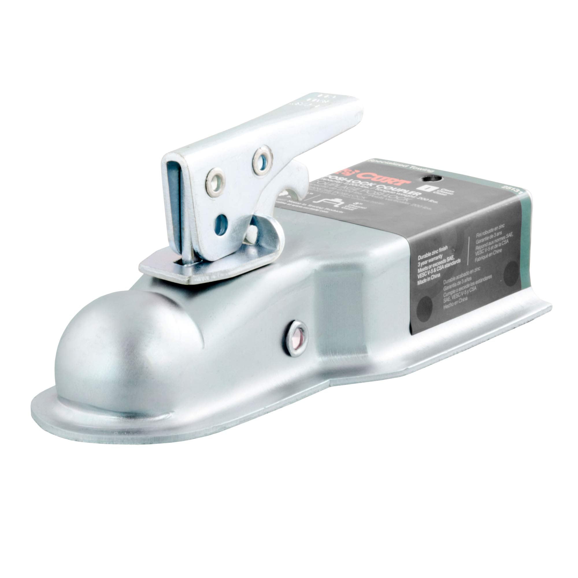 CURT Straight Tongue Trailer Coupler for 1-7/8-In Hitch Ball, 3-Inch Channel, 2,000 lbs, CLEAR ZINC