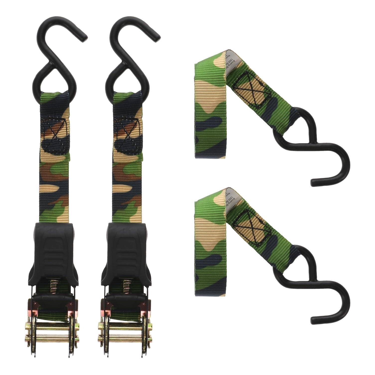 HME Reliable Durable Versatile Weather-Resistant Camouflage Ratchet 1500 lb Capacity 1' x 8' Tie-Down Straps - 4 Pack
