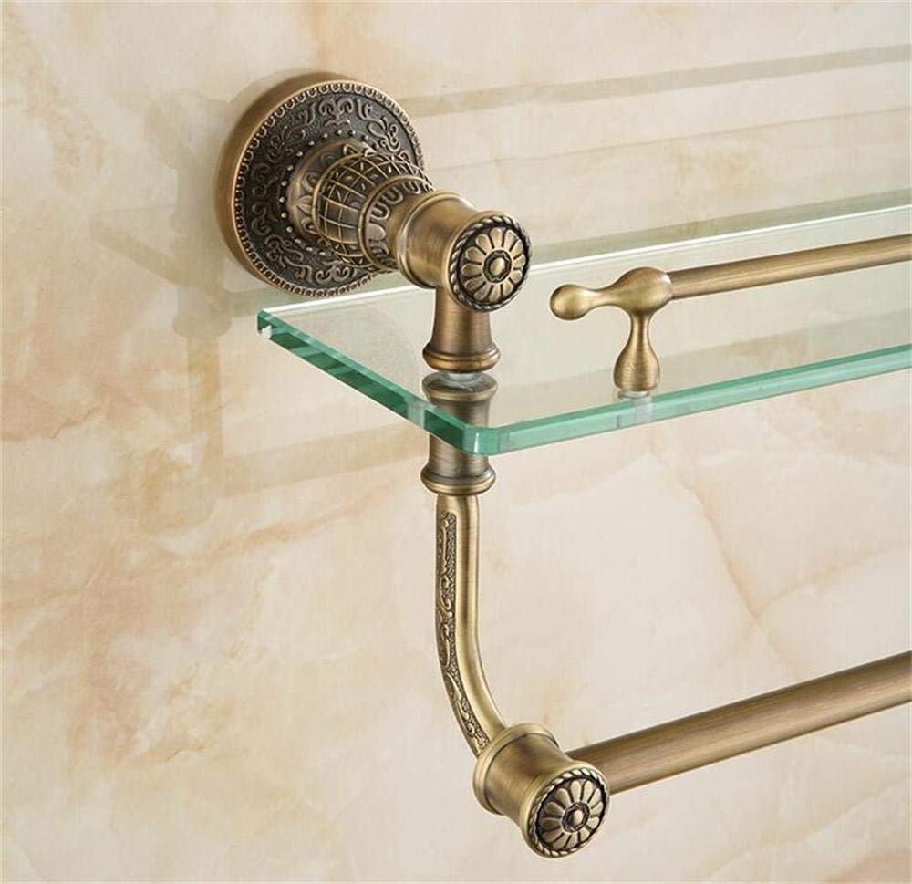 Singlelayer Retro Glass Bathroom Shelves With Towel Bar, Carving Design, Brushed Process, Wallmounted, 52 * 13cm Bathroom Shelf