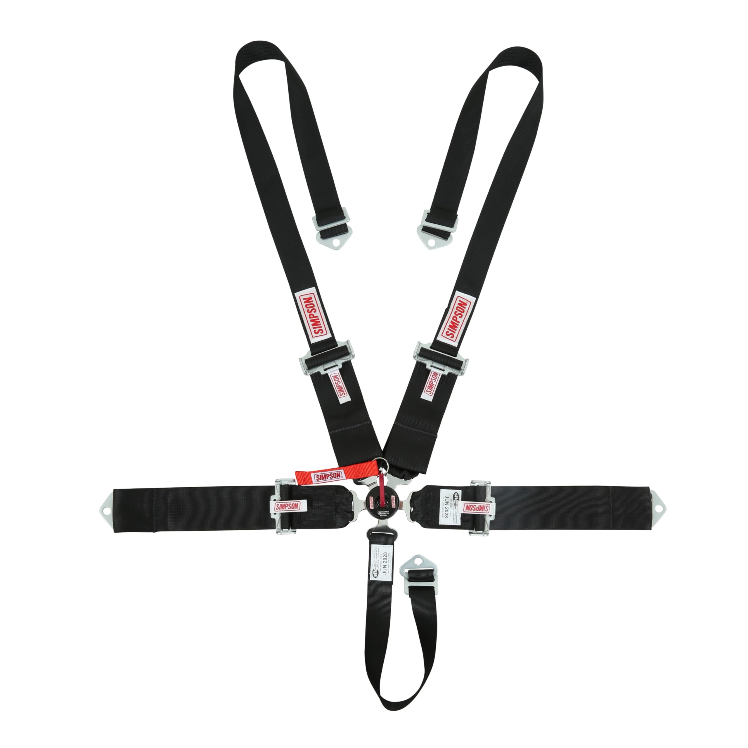 SIMPSON SAFETY Harness 29110BKH - 5 Point - Camlock - SFI 16.1-55 in Length - Pull Down Adjust - Bolt-On/Wrap Around - Individual Harness - Black - Kit