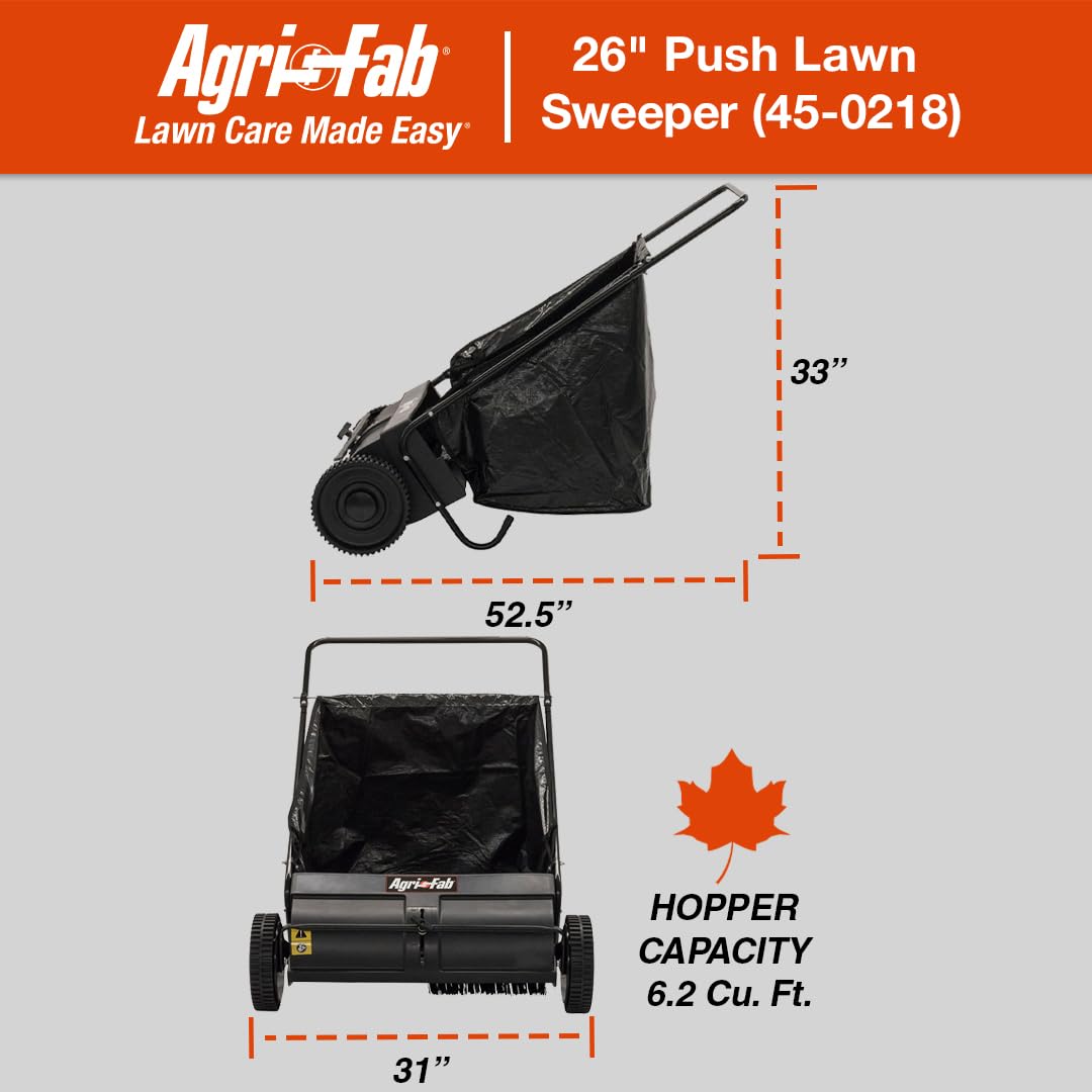 26" Agri-Fab Push Behind Lawn Sweeper, 7 cu. ft Hopper Bag Capacity; Leaf & Grass Catcher, with Adjustable Brush Height