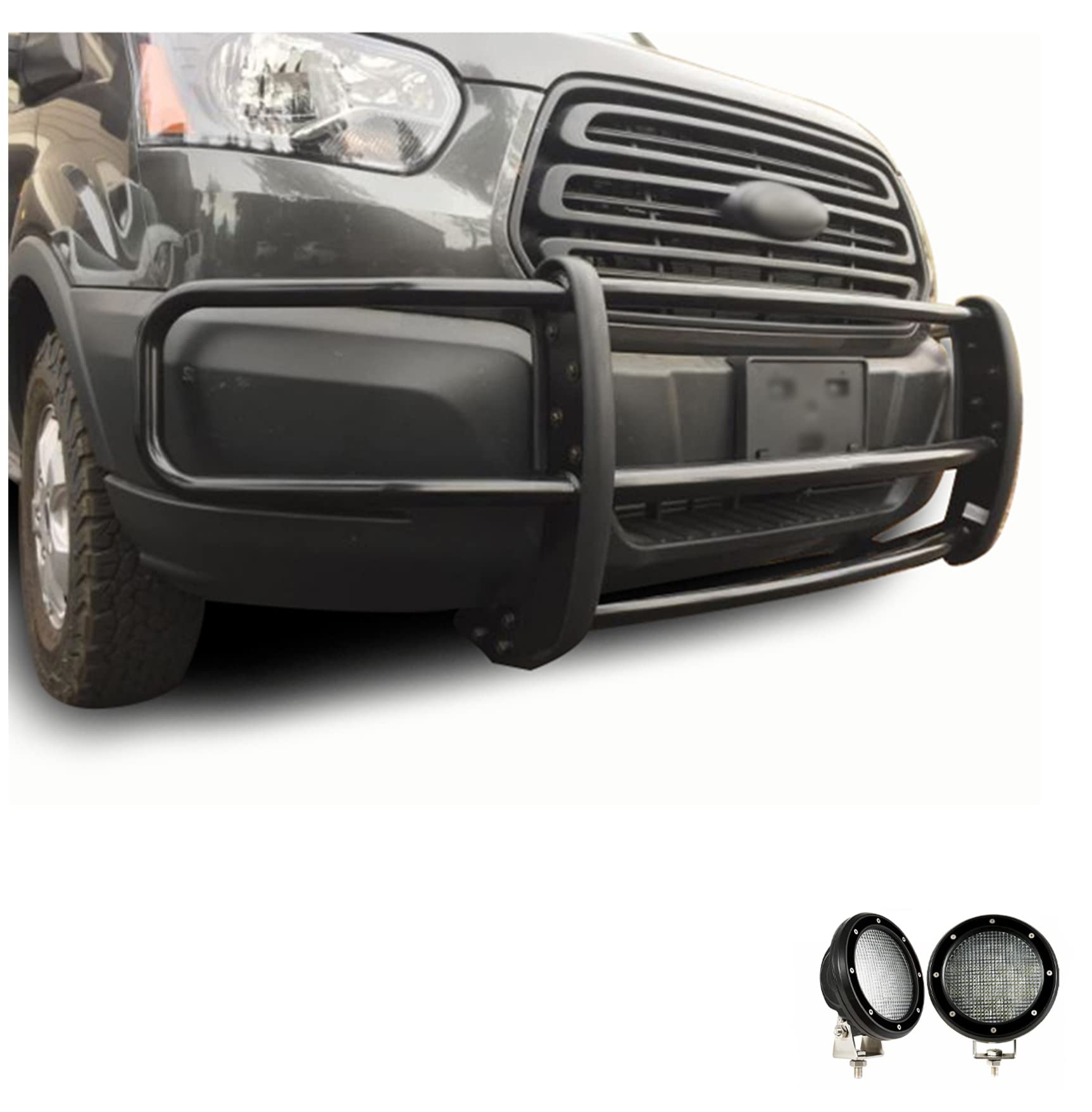 SPARTAN Black Horse Grille brush Bumper Guard Modular Come with Pair of 5.3"LED Lights with Black Trim Rings Compatible with 2015-2019 Ford Transit-150/Transit-250/Transit-350-17FOTRMA-PLFB