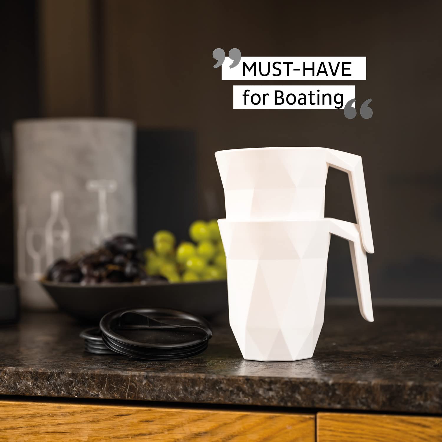 Silwy® Plastic Handle Cup to-GO with Washable, Reusable Metal Nano Gel Pad White - Non-Slip Caravanning and Camping Cups, Boat and Yacht Accessories