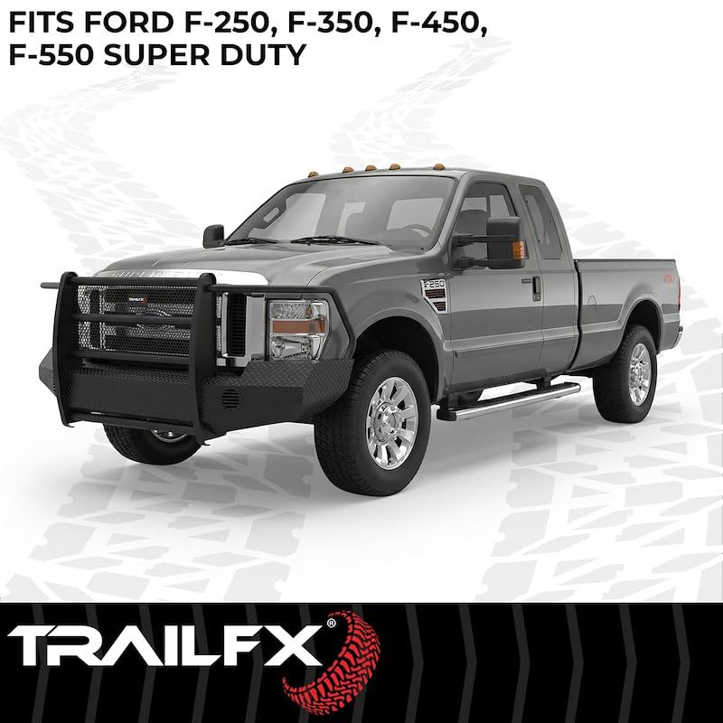 Bumper Trail FX FX3002A, One Piece Design, Direct Fit, With Grille Guard/Grille Mesh/Auxiliary Light Cutouts, Without Winch Mount, Gloss Black, Steel, Fits 2005-2007 Ford F-250/350/450/550 Super Duty