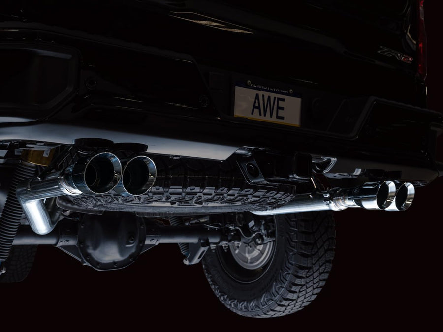 22-23 GMC Sierra 1500 AT4X AWE Tuning 6.2L 0FG Catback Split Dual (Flat Bumper) - Chrome Silver Tips - 3015-42284
