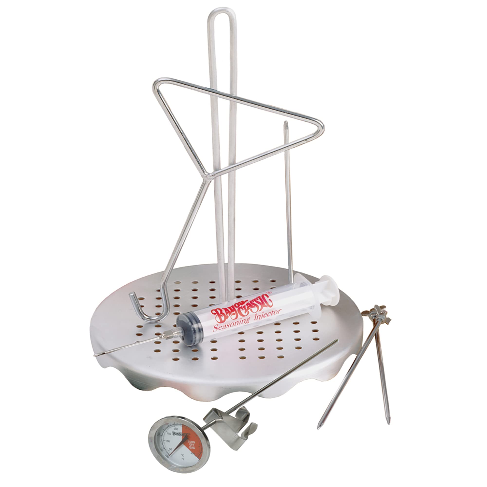 Complete Bayou Classic 0835 Poultry Rack Set Includes Perforated Aluminum Rack Lift Hook 2-oz Seasoning Injector 12-in Fry Thermometer and 3 Detachable Skewers