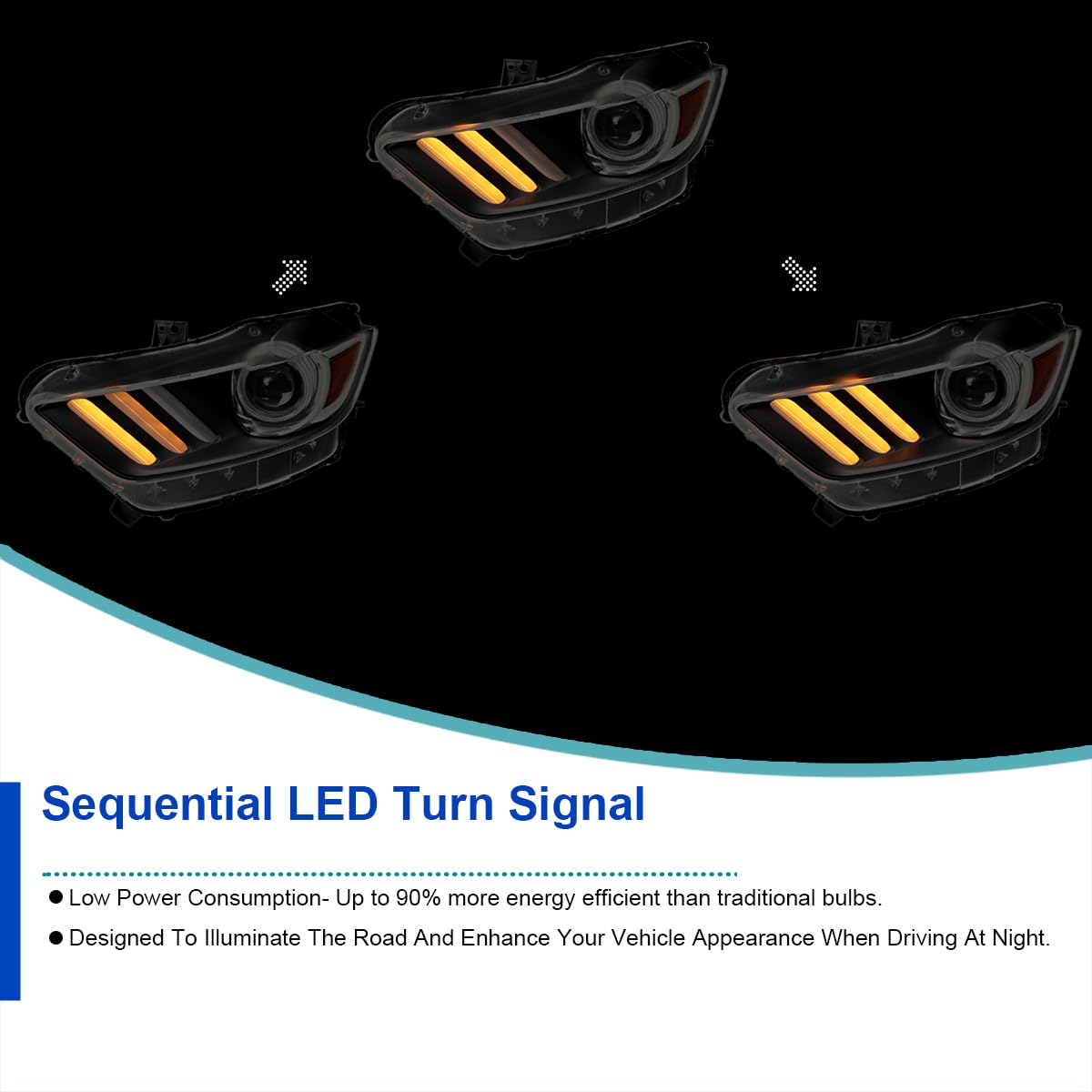Black Smoke SPEC-D TUNING Projector Headlights w/LED Sequential Switchback Turn Signal Strips and Startup Animation Compatible with 2015-2020 Ford Mustang, Left + Right Pair Headlamps Assembly