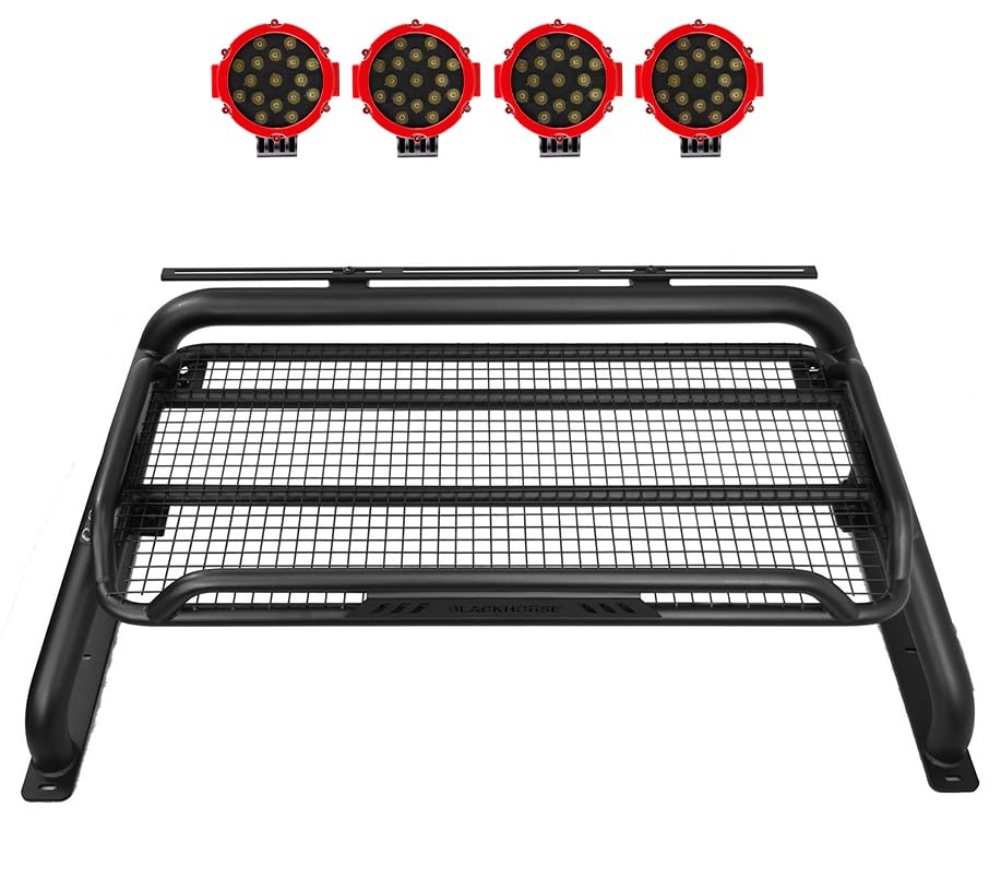 Atlas Black Horse Roll Bar Incl. Pair of 7.0" Dia. Led Lights w/Red Trim Rings Compatible with 2005-2024 Toyota Tacoma-ATRB6BK-PLR