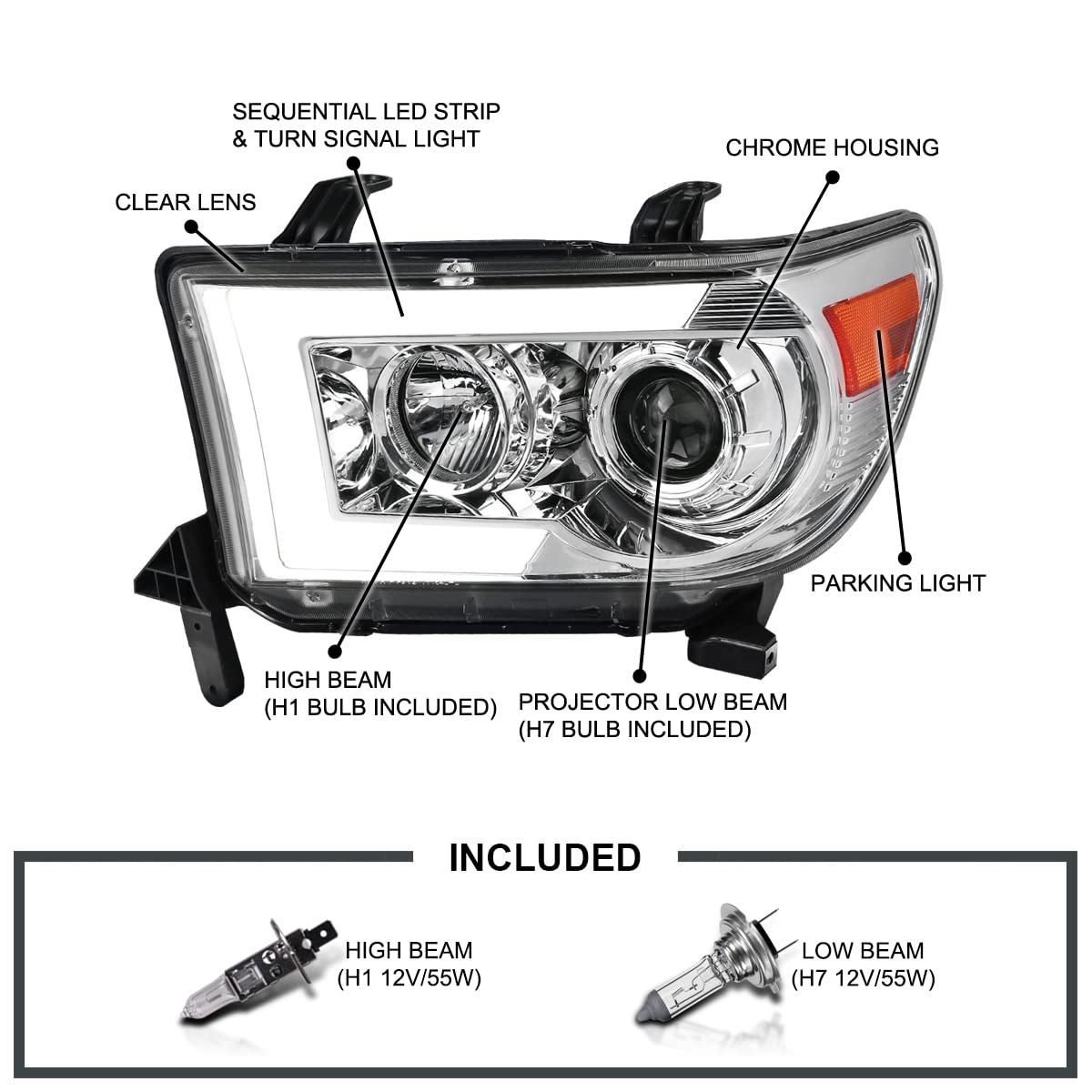 Chrome Projector Headlights SPEC-D TUNING w/LED Sequential Signal Compatible with 2007-2013 Toyota Tundra, 2008-2017 Toyota Sequoia, Left + Right Pair Headlamps Assembly