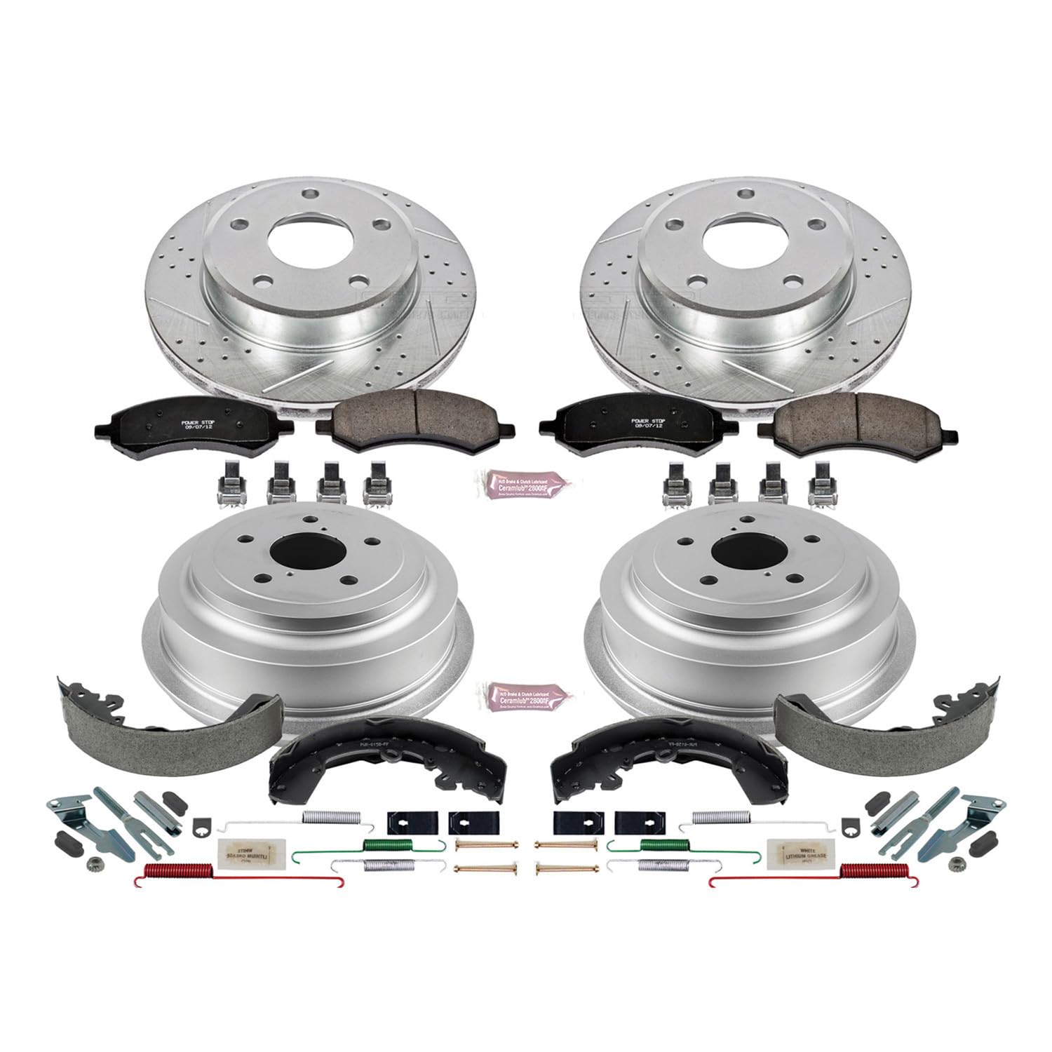 Power Stop K15254DK Z23 Carbon Fiber Brake Pads Front and Rear with Drilled & Slotted Brake Drums Kit