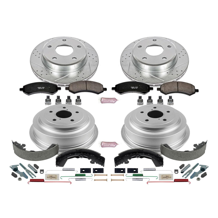 Power Stop K15254DK Z23 Carbon Fiber Brake Pads Front and Rear with Drilled & Slotted Brake Drums Kit