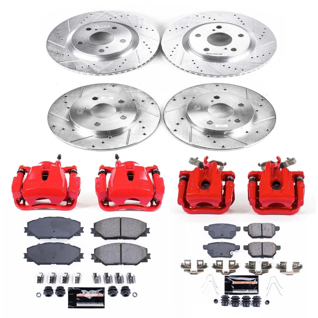 Power Stop Z23 Evolution Front and Rear Caliper Kit-Drilled/Slotted Rotors, Carbon Ceramic Brake Pads & Calipers For Toyota Corolla iM 2017-2018, Scion iM 2016 [Model Specific]