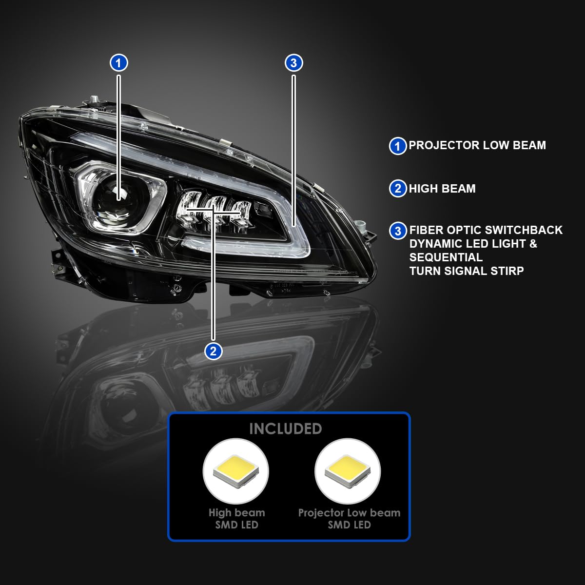 Full LED Projector Headlights SPEC-D TUNING w/Sequential Turn Signal Compatible with 2008-2011 Mercedes Benz W204 C-Class, Left + Right Pair Headlamps Assembly