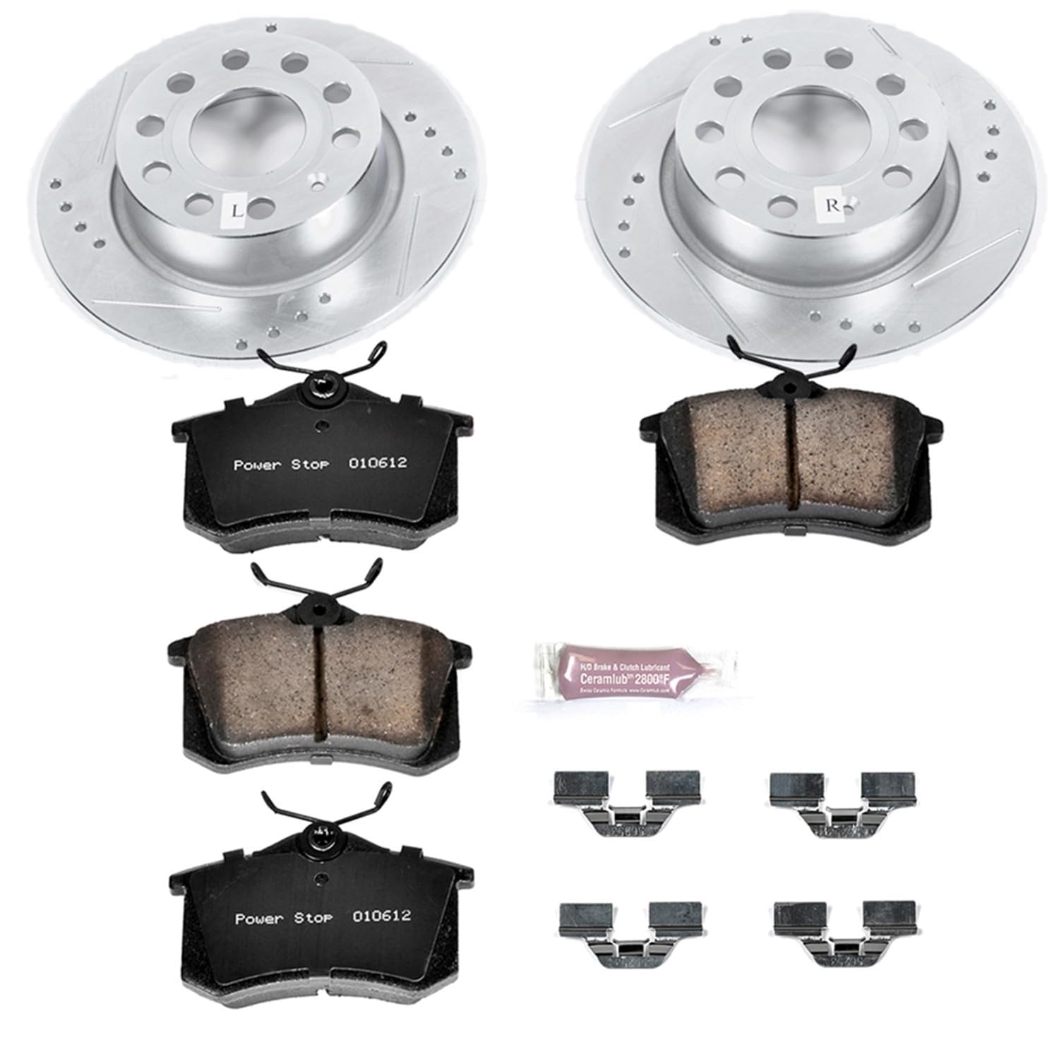 Power Stop K5671 Rear Brake Pads Z23 Carbon Fiber with Drilled & Slotted Brake Rotors Kit For Audi A3, VW Beetle, VW G, VW Golf SportWa, VW Jetta [Model Specific]