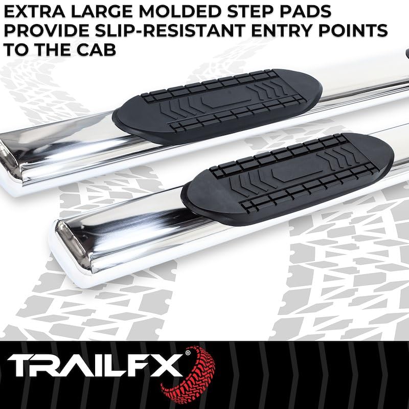 A8212S TrailFX Truck Running Boards Fits Ford F-250 Super Duty Crew Cab 1999-2016 Oval 6 Inch Straight Side Bars with Step Pads, Polished Stainless Steel, Welded End Caps, Rocker Panel Mount