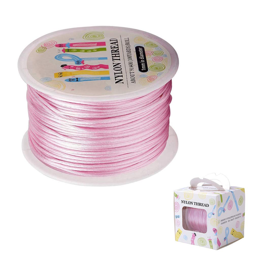 1 Roll JEWELEADER About 100 Yards Rattail Nylon Thread Cord 1mm Shiny Satin Trim Cord Chinese Knotting Beading Cord for DIY Jewellery Making Macrame Kumihimo Shamballa Friendship Bracelets - Pink