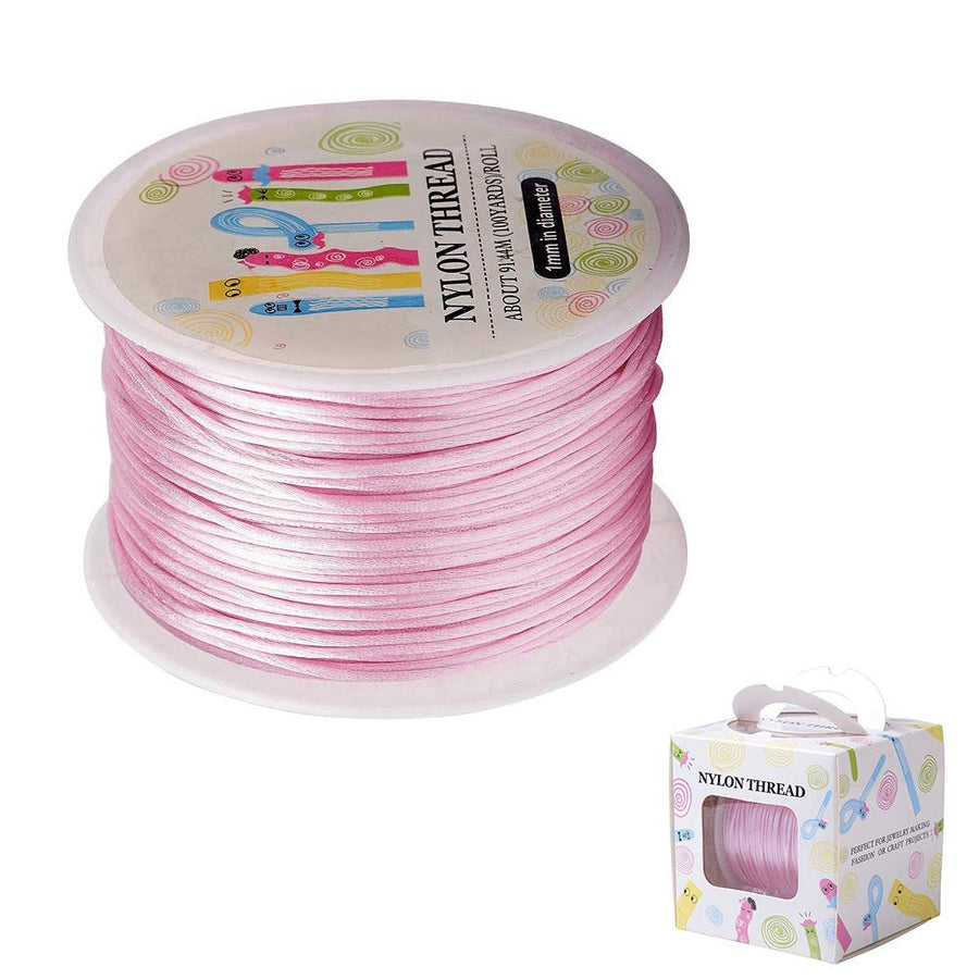 1 Roll JEWELEADER About 100 Yards Rattail Nylon Thread Cord 1mm Shiny Satin Trim Cord Chinese Knotting Beading Cord for DIY Jewellery Making Macrame Kumihimo Shamballa Friendship Bracelets - Pink