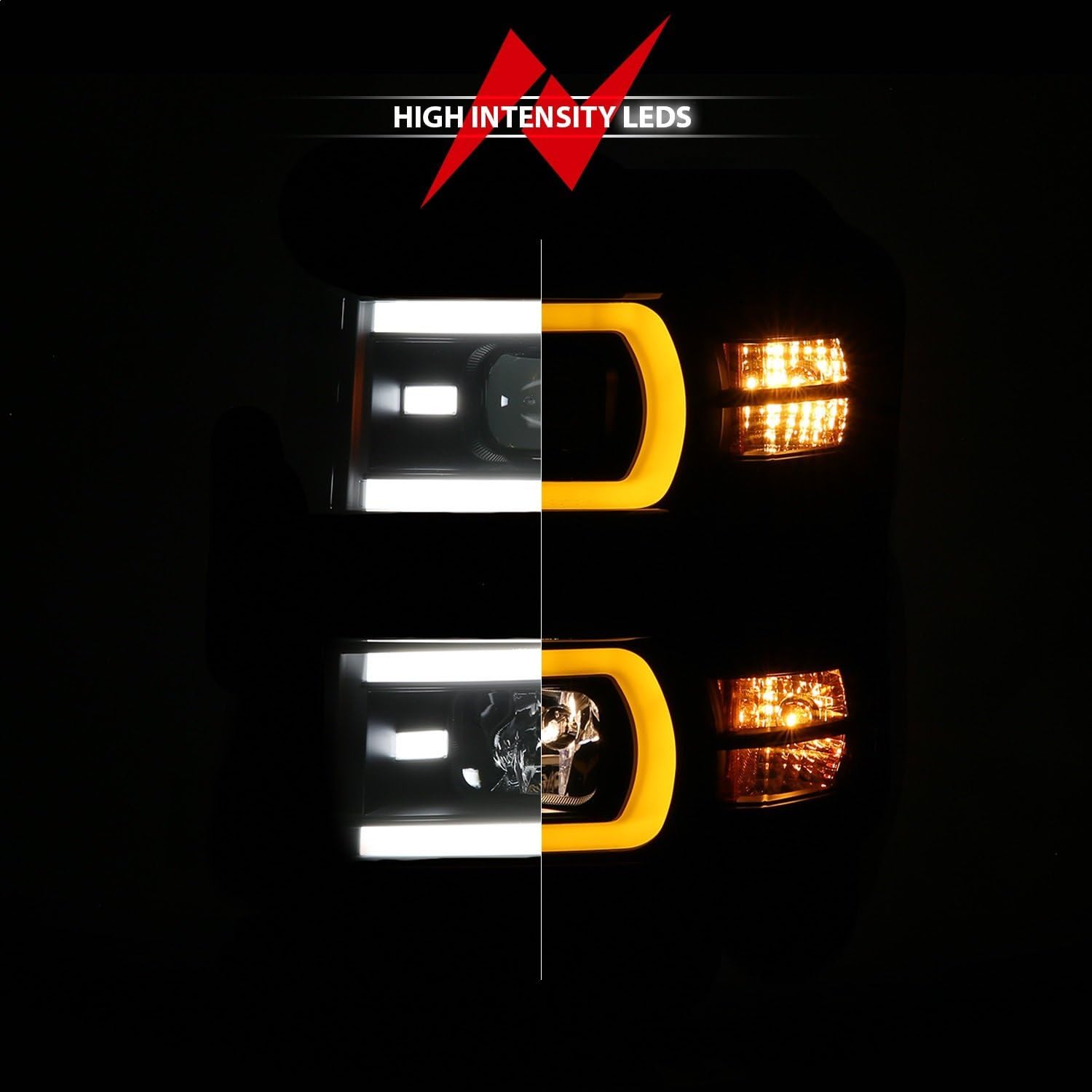 Chevy Silverado 1500 Anzo 14-15 Black Dual Switchback+Sequential LED Tube Sq. Projector Headlights