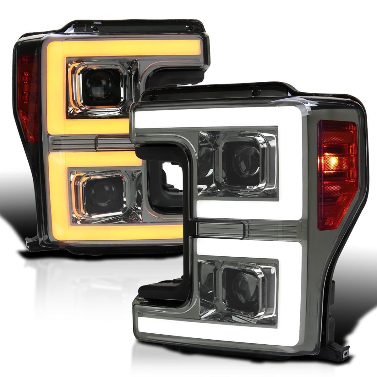 Spec-D Tuning Projector Smoke Headlights w/LED Sequential Turn Signal Switchback Compatible with 2017-2019 Ford F-250, F-350, F-450, F-550 Super Duty, Left + Right Pair Headlamps Assembly