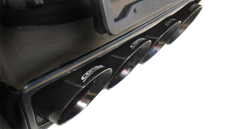 Sport Cat-Back Exhaust System Corsa Performance 14768CBBLK Dual Rear Exit Incl. 3 in. X Pipe 2.75 in. Over Axle Pipe Mufflers/Clamps/Quad 4.5 in. Black PVD Pro-Series Tips