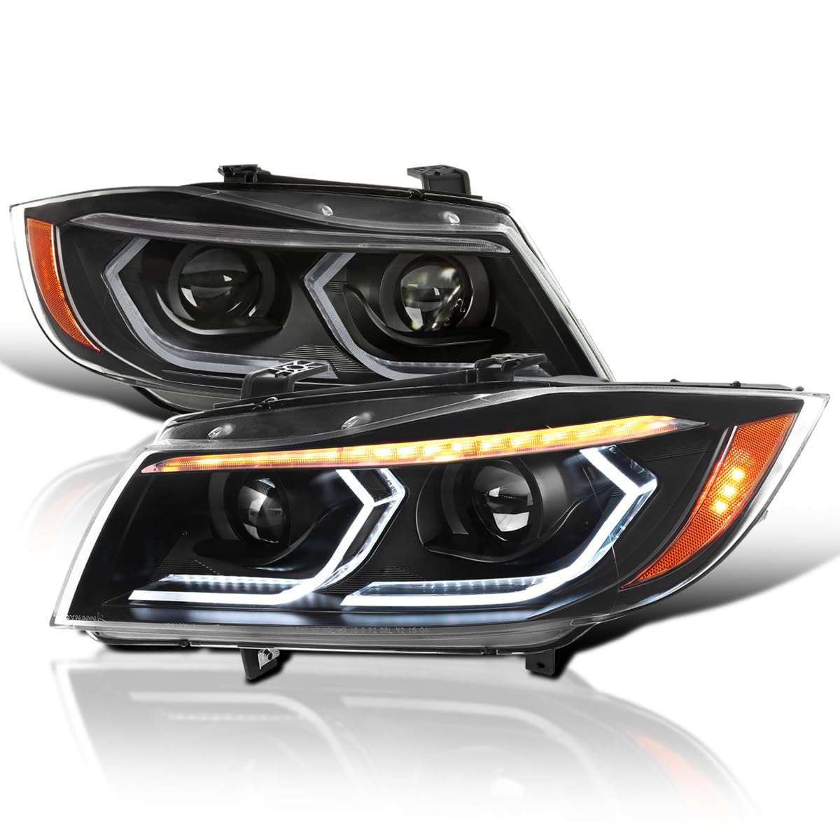 Dual Projector Headlights SPEC-D TUNING Black with 3D LED Tube and Startup Animation Compatible with 2006-2011 BMW 3-Series E90 Sedan/E91 Wagon, Left + Right Pair Headlamps Assembly