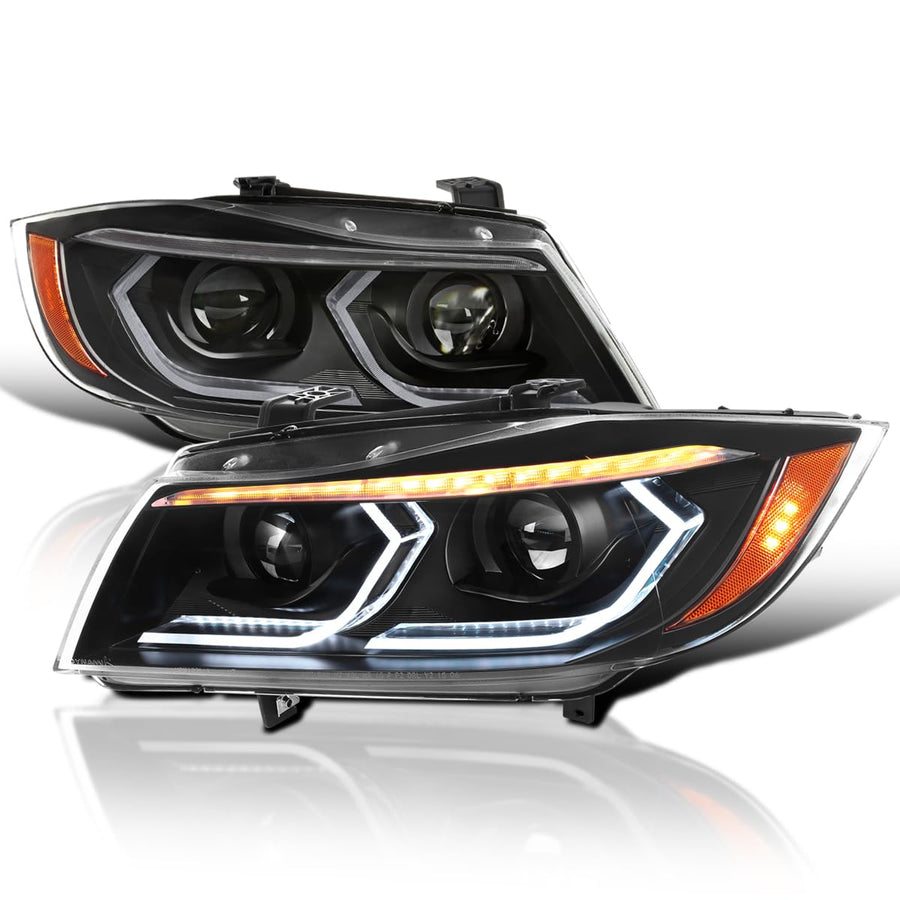 Dual Projector Headlights SPEC-D TUNING Black with 3D LED Tube and Startup Animation Compatible with 2006-2011 BMW 3-Series E90 Sedan/E91 Wagon, Left + Right Pair Headlamps Assembly
