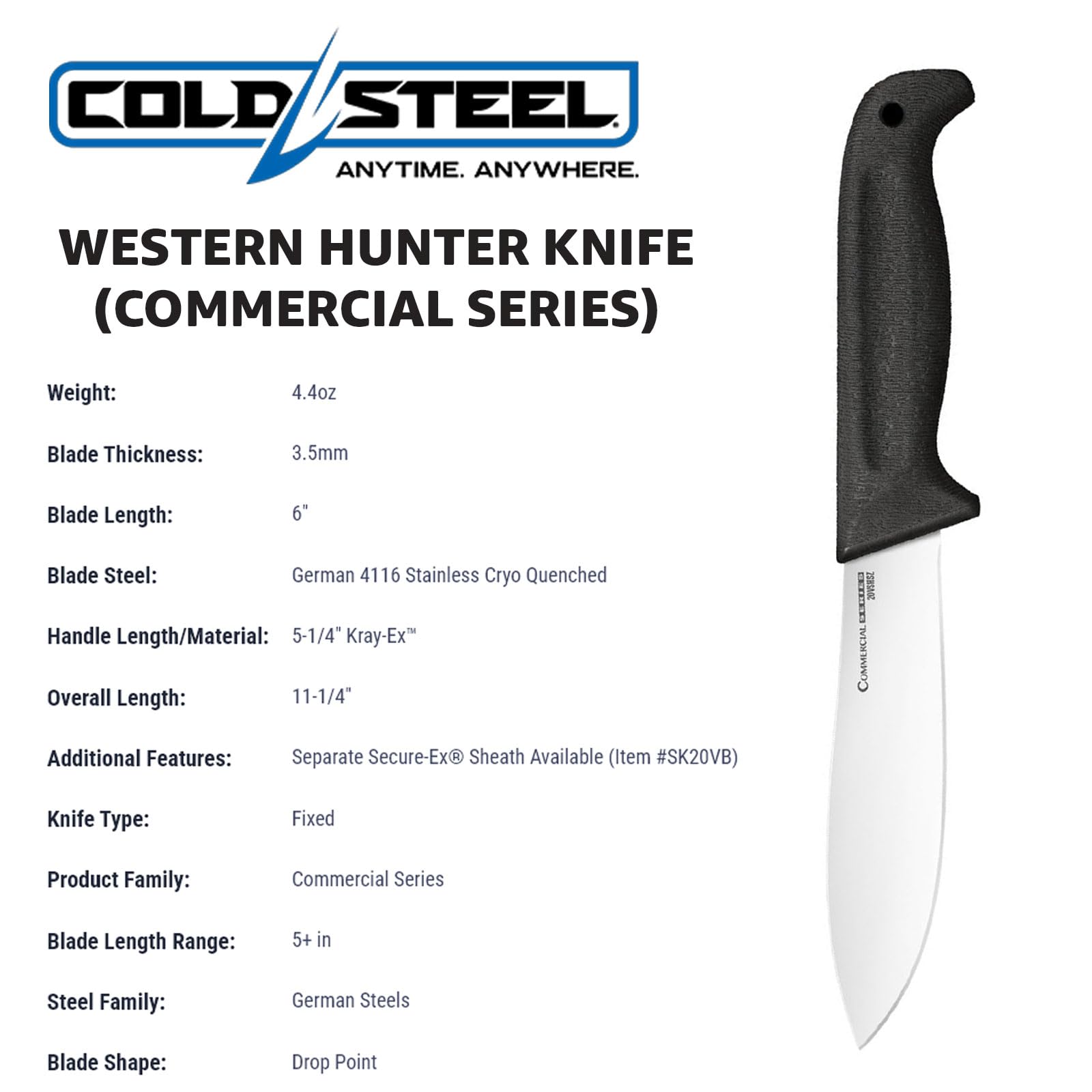 Cold Steel 6" Knife Western Hunter Durable German 4116 Stainless Steel Fixed Blade with Ergonomic Kray-Ex Handle Ideal for Hunting, Fishing & Outdoor Tasks Commercial Series
