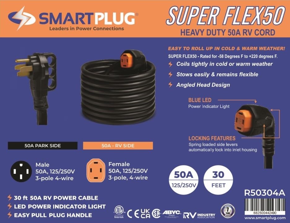 Angled RV Dual-Configuration SmartPlug R50304A Cordset with RV Park Power End - 50 Amp, 30' Length, Black
