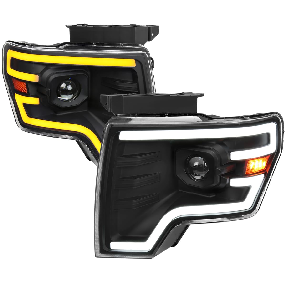Black SPEC-D TUNING Projector Headlights w/Switchback Sequential LED Signal Tube and Startup Animation Compatible with 2009-2014 Ford F150 F-150, Left + Right Pair Headlamps Assembly